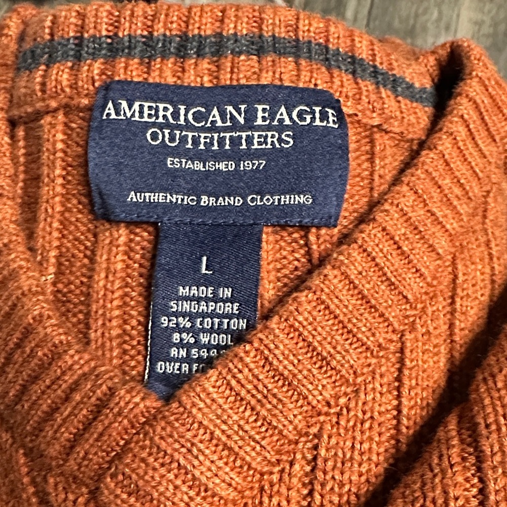 American Eagle Outfitters Men's V-Neck Rust‎ Sweater with navy stripe - Picture 10 of 10
